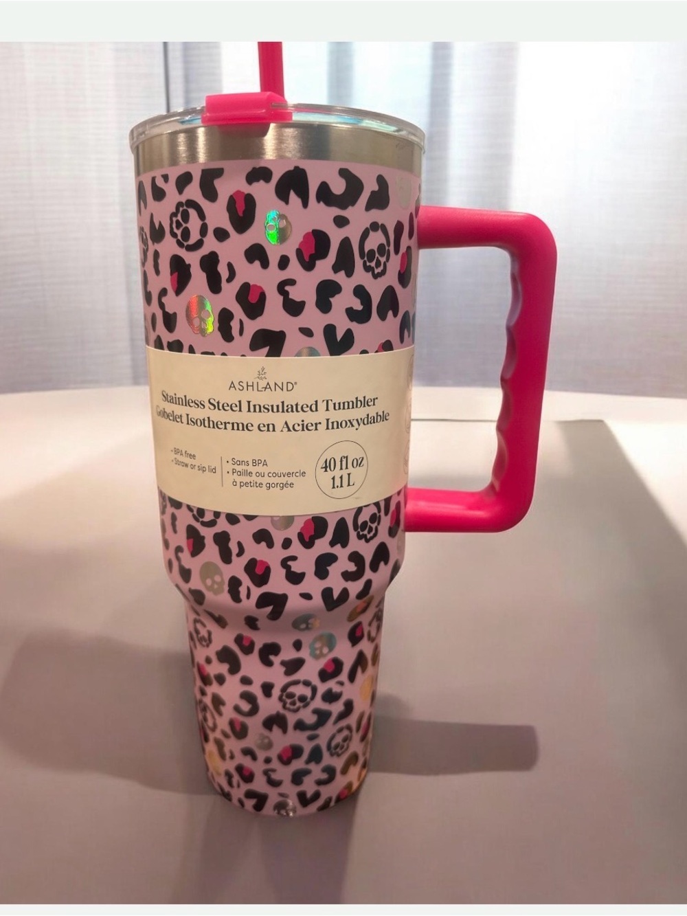 Pink Leopard Print Stainless Steel Tumbler with Hot Pink Handle
